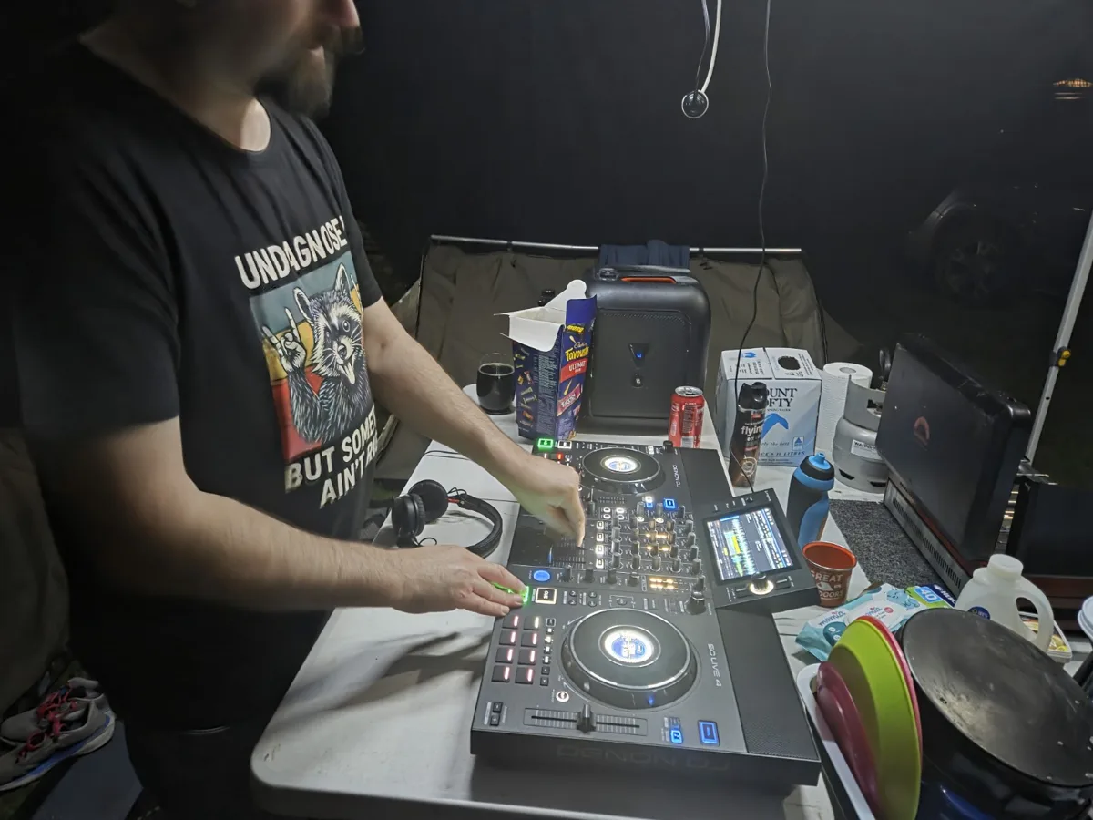 Camp DJ using Denon SC LIVE 4 decks at the campsite
