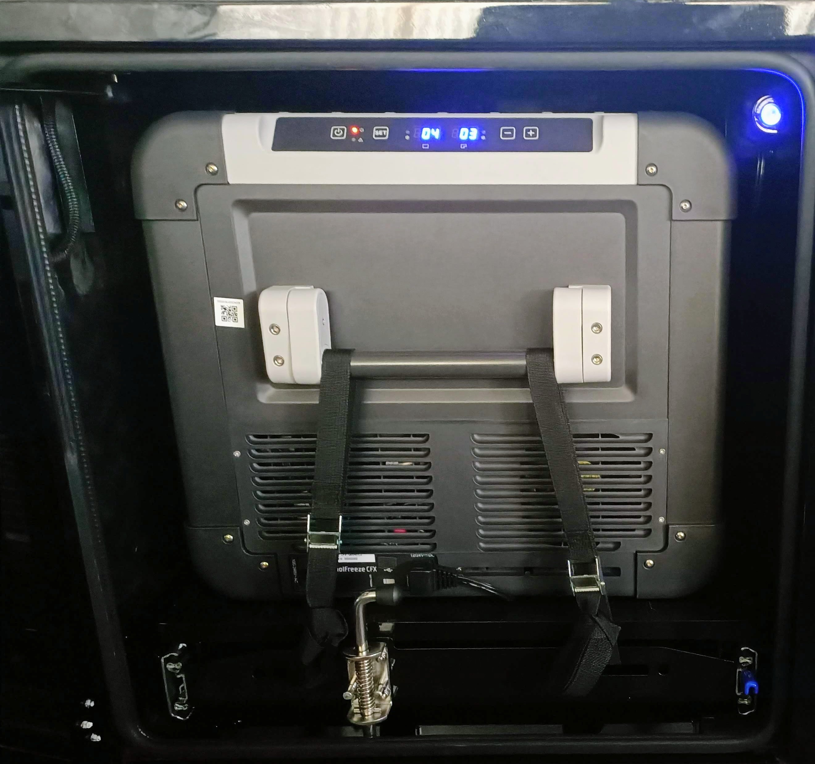 Digital control panel and rear compressor vents on a 12V compressor fridge